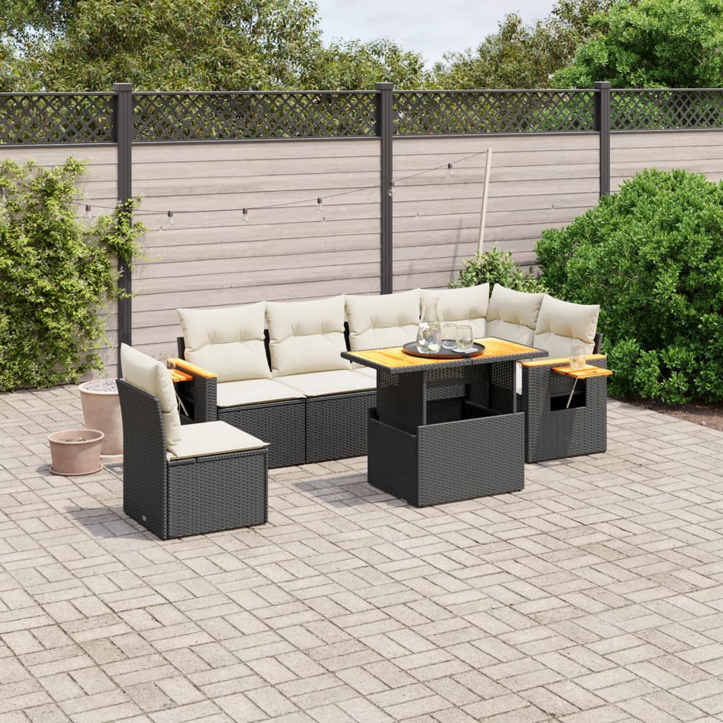7 Pcs conjunto de sofás p/ jardim c/ almofadões vime PE preto