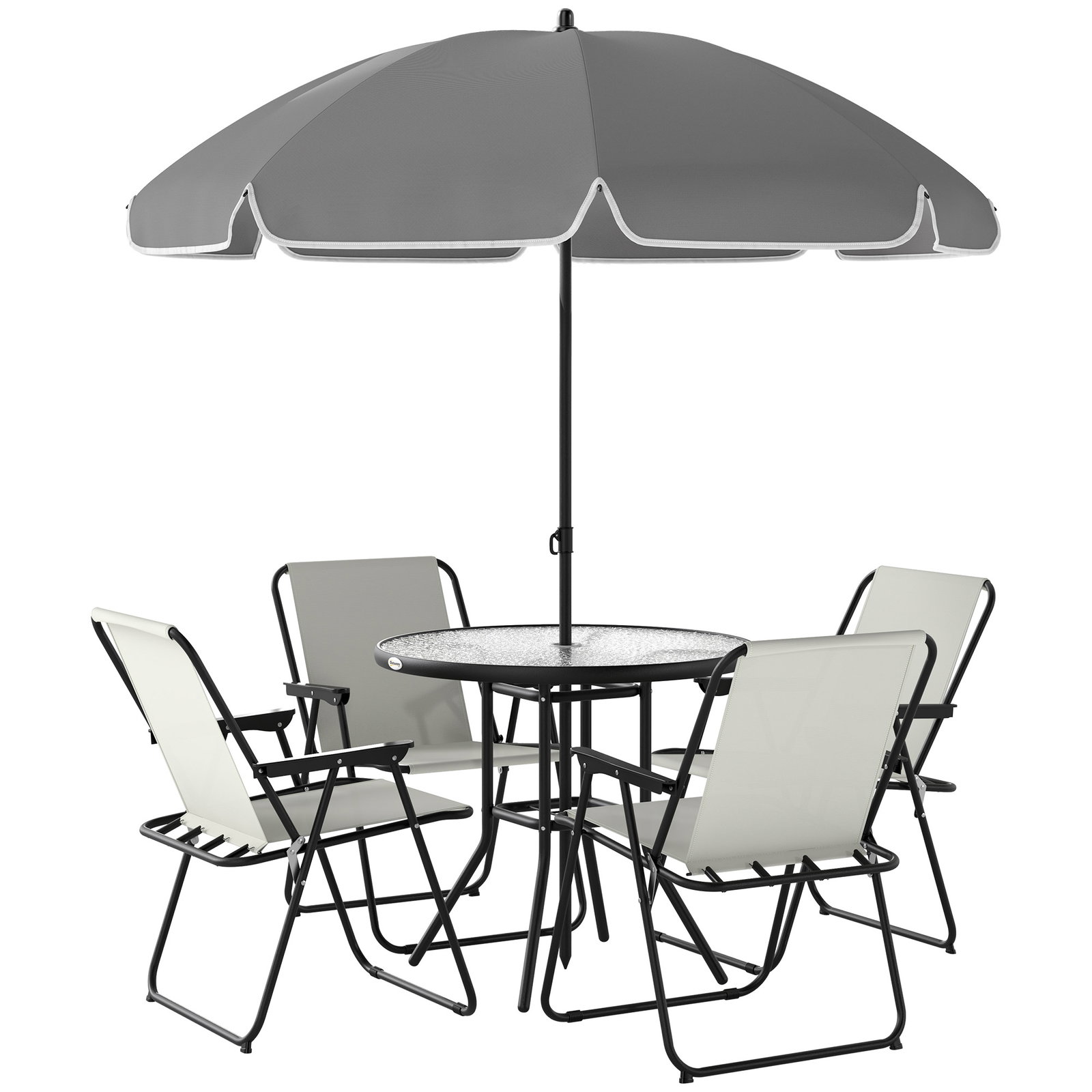 Conjunto de mesa e cadeiras de jardim de 6 peças com 4 cadeiras dobráveis mesa de vidro e chapéu de sol creme