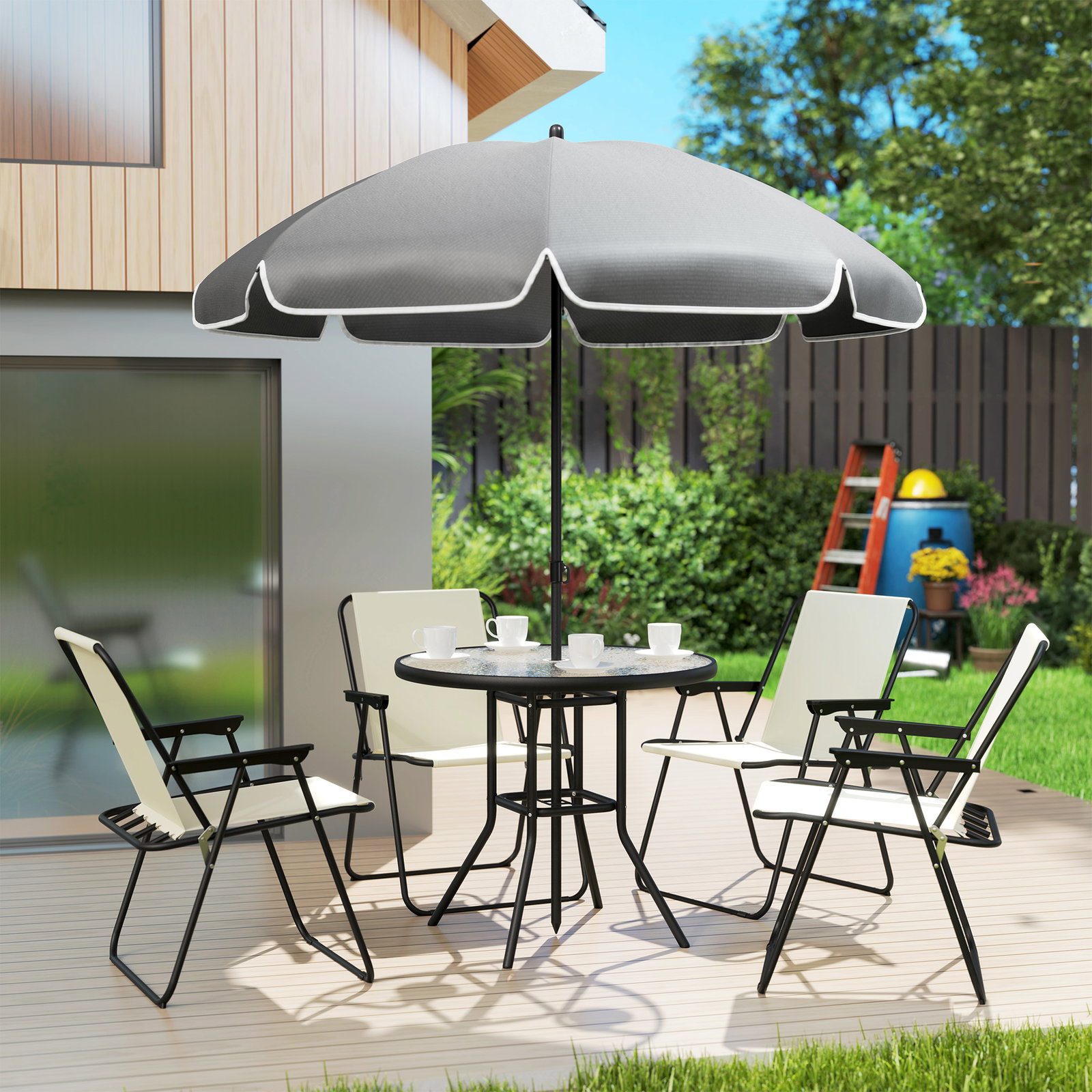 Conjunto de mesa e cadeiras de jardim de 6 peças com 4 cadeiras dobráveis mesa de vidro e chapéu de sol creme