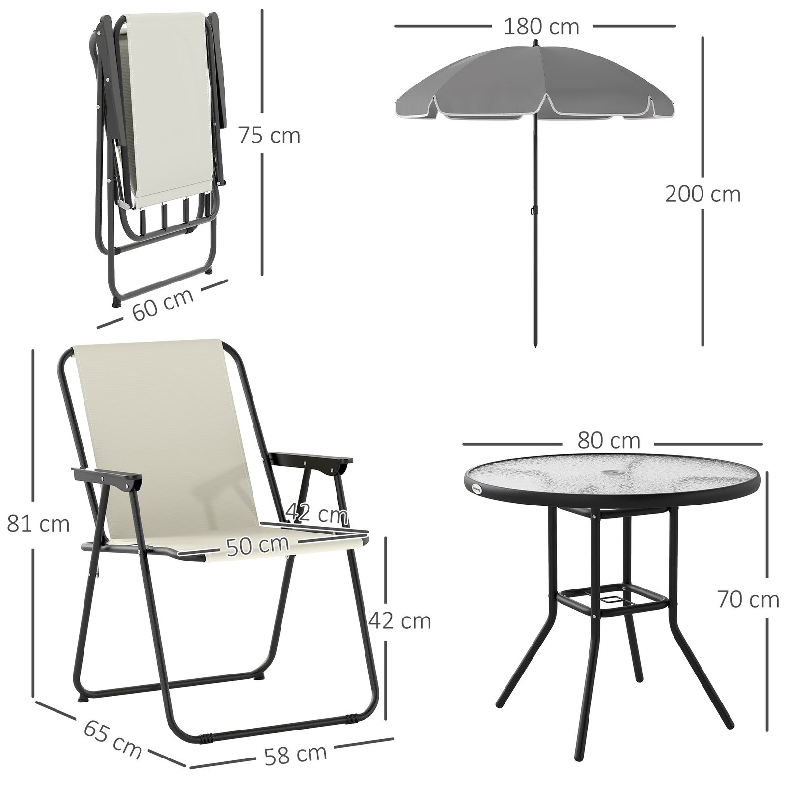 Conjunto de mesa e cadeiras de jardim de 6 peças com 4 cadeiras dobráveis mesa de vidro e chapéu de sol creme