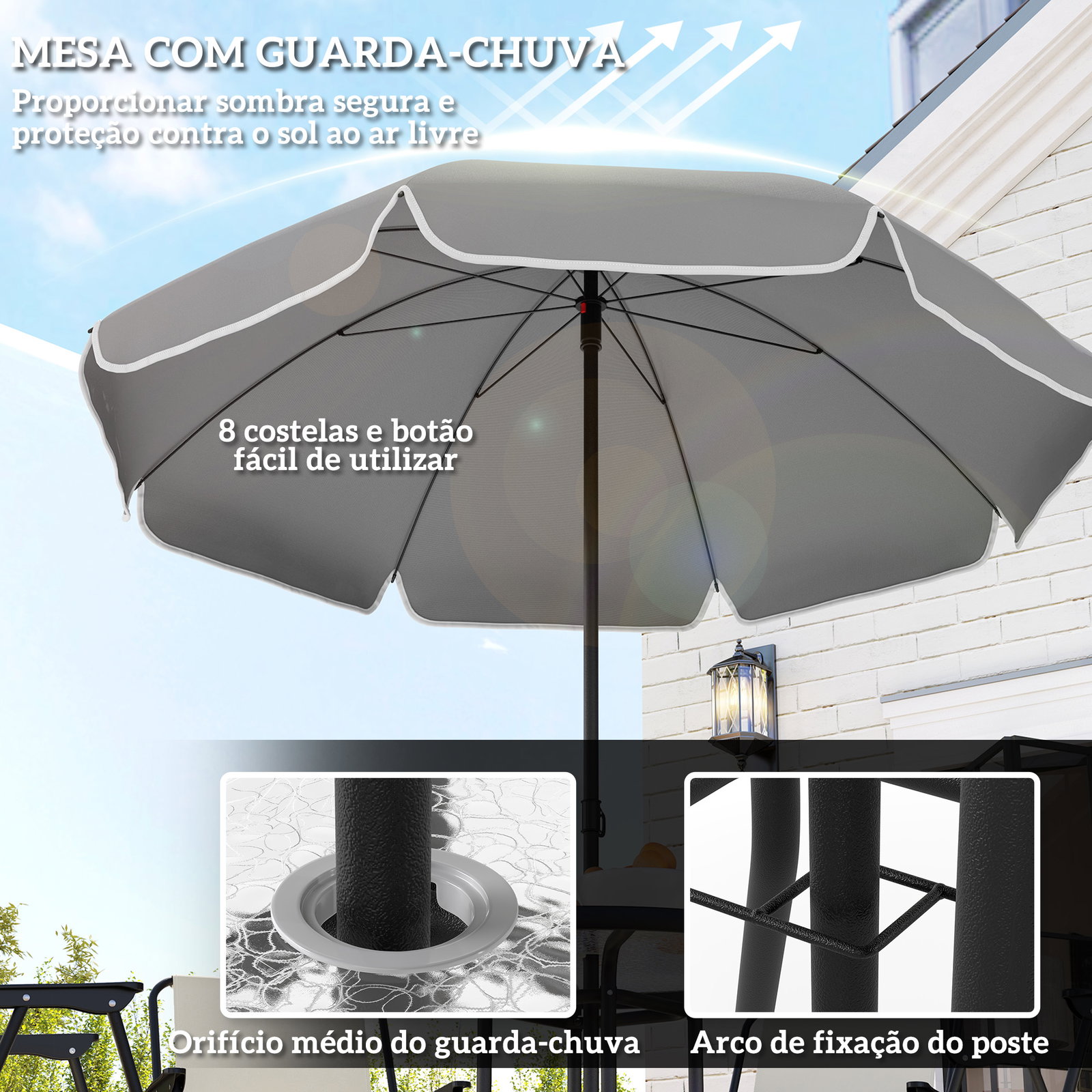 Conjunto de mesa e cadeiras de jardim de 6 peças com 4 cadeiras dobráveis mesa de vidro e chapéu de sol creme