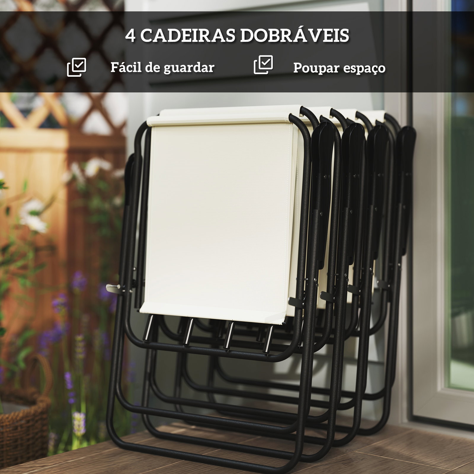 Conjunto de mesa e cadeiras de jardim de 6 peças com 4 cadeiras dobráveis mesa de vidro e chapéu de sol creme