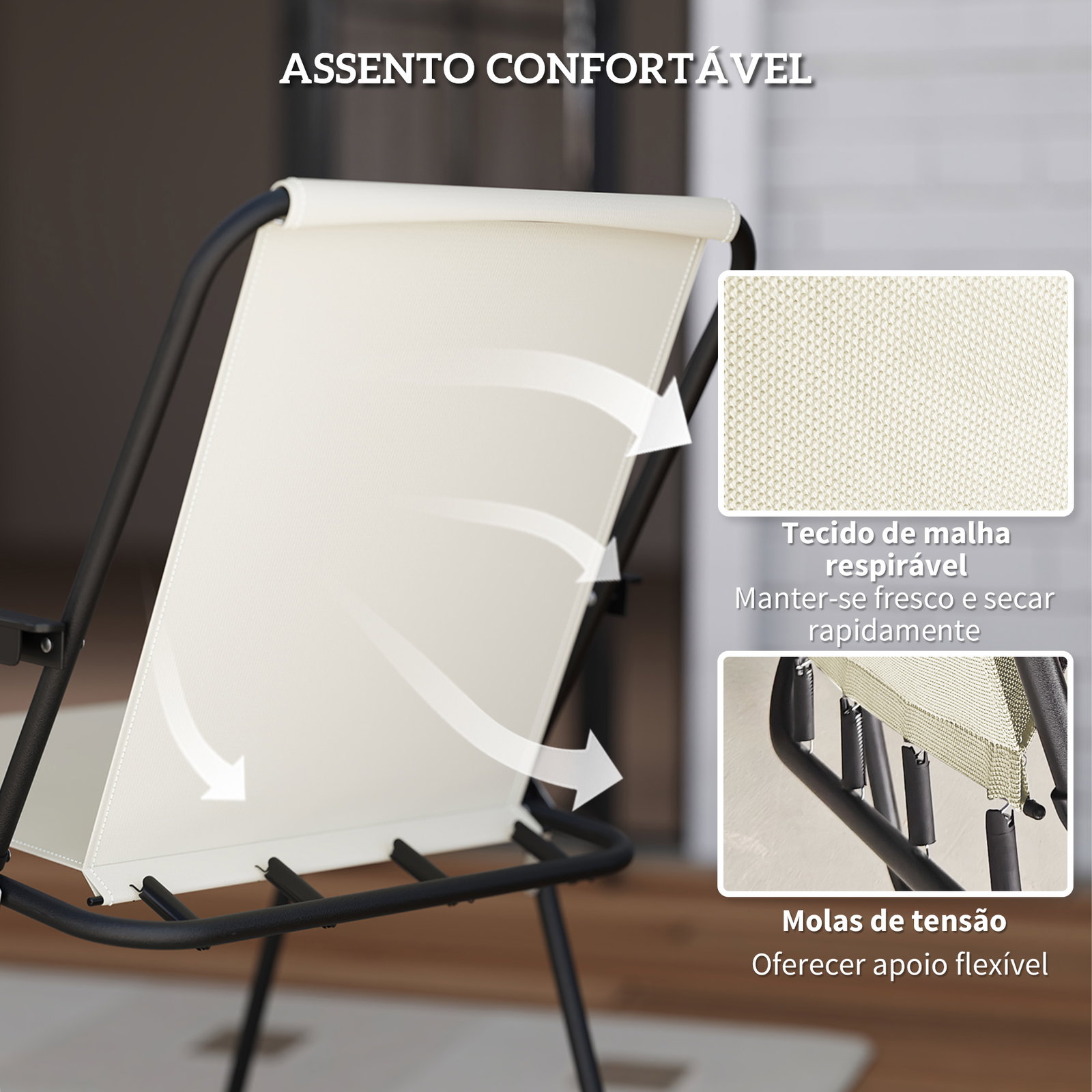 Conjunto de mesa e cadeiras de jardim de 6 peças com 4 cadeiras dobráveis mesa de vidro e chapéu de sol creme