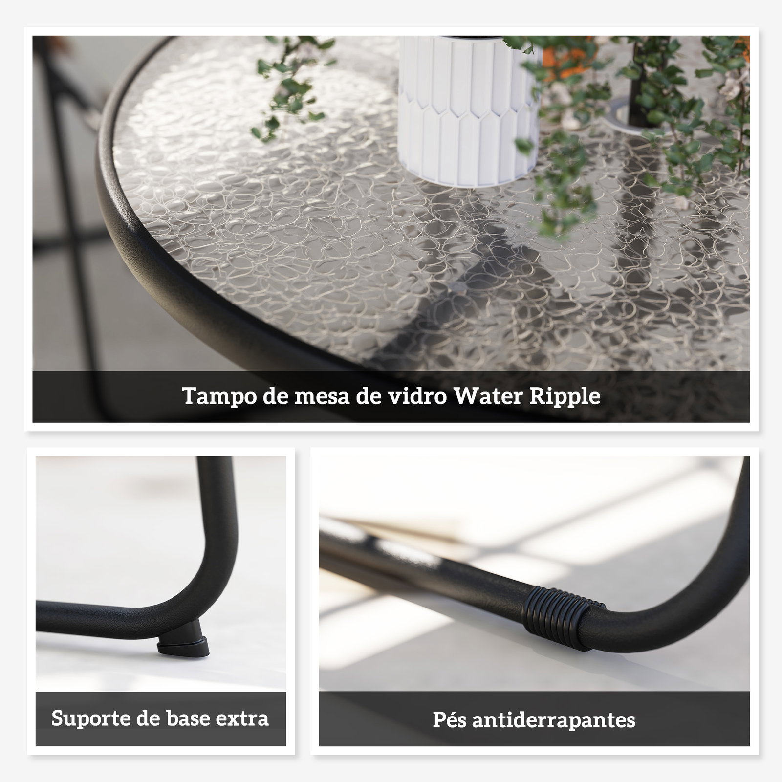 Conjunto de mesa e cadeiras de jardim de 6 peças com 4 cadeiras dobráveis mesa de vidro e chapéu de sol creme