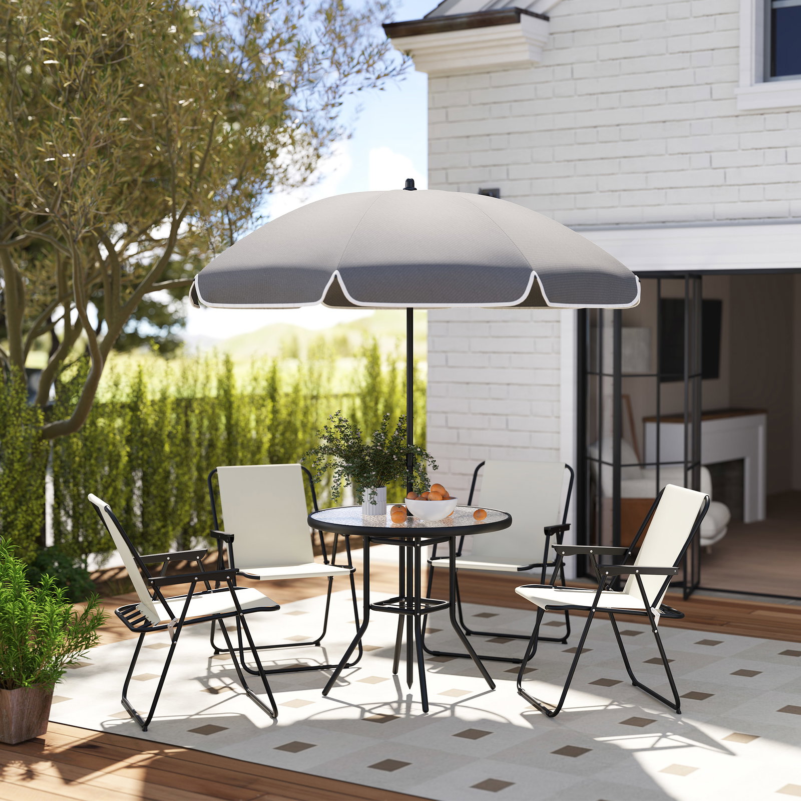 Conjunto de mesa e cadeiras de jardim de 6 peças com 4 cadeiras dobráveis mesa de vidro e chapéu de sol creme