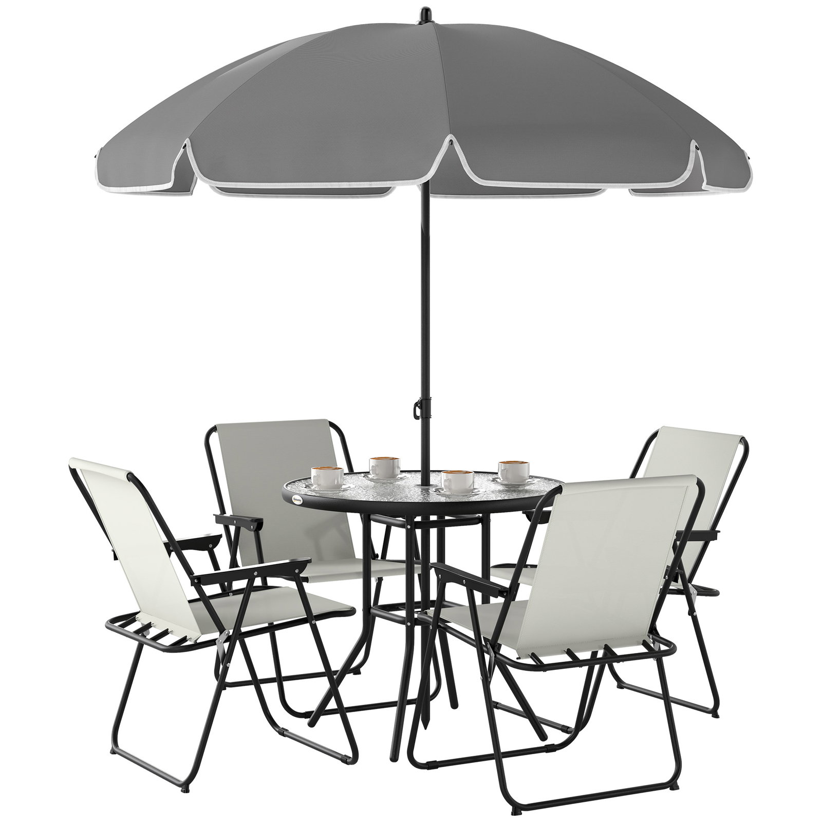 Conjunto de mesa e cadeiras de jardim de 6 peças com 4 cadeiras dobráveis mesa de vidro e chapéu de sol creme