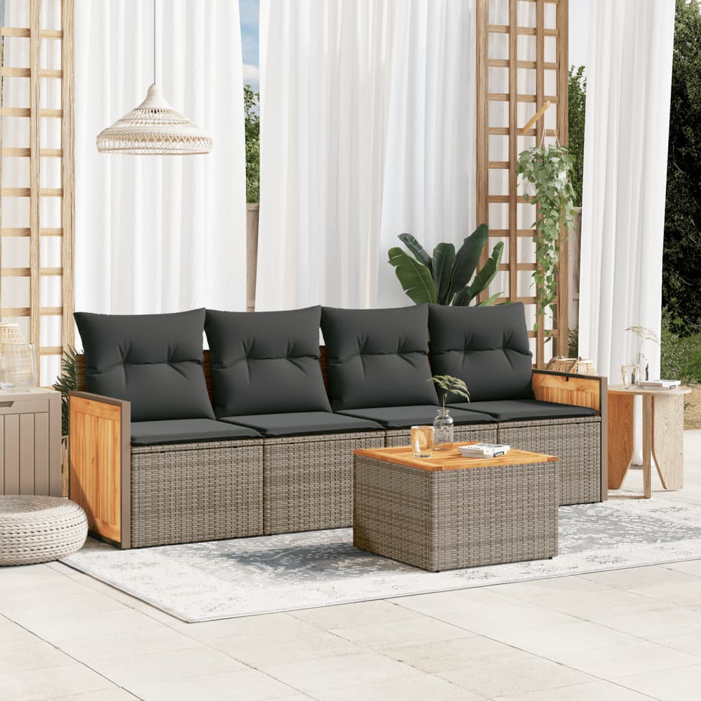 5 Pcs conjunto sofás de jardim c/ almofadões vime PE cinzento