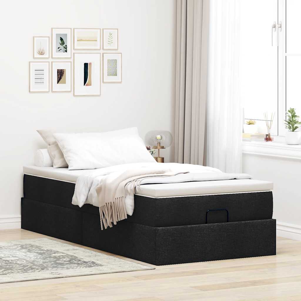 Estrutura de cama otomana com colchão preto tecido
