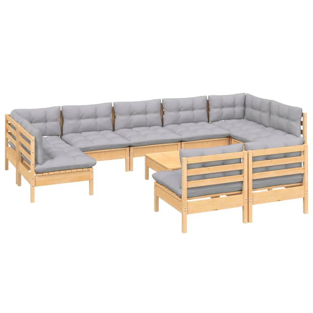 10Pcs conjunto lounge de jardim + almofadões cinza pinho maciço