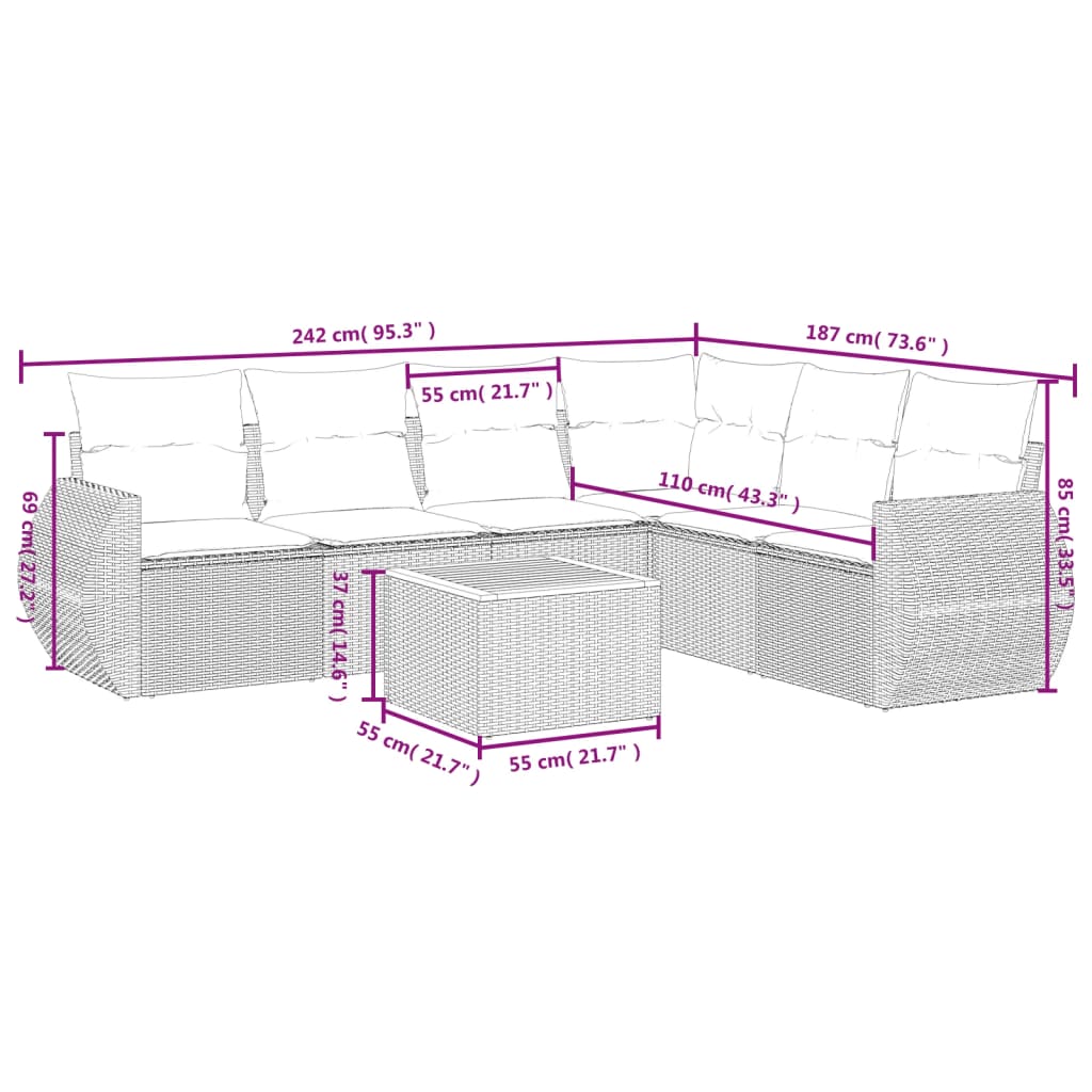 7 Pcs conjunto de sofás p/ jardim c/ almofadões vime PE preto