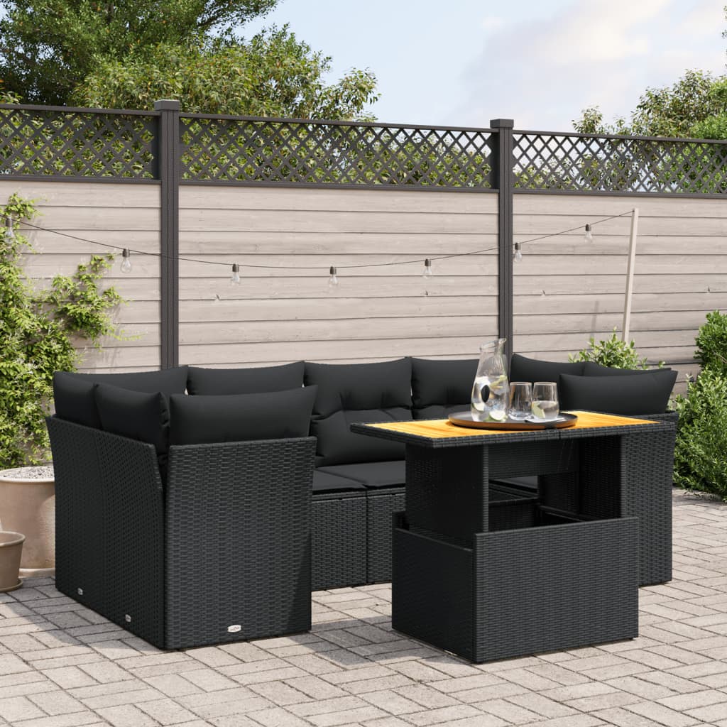 7 Pcs conjunto de sofás p/ jardim c/ almofadões vime PE preto
