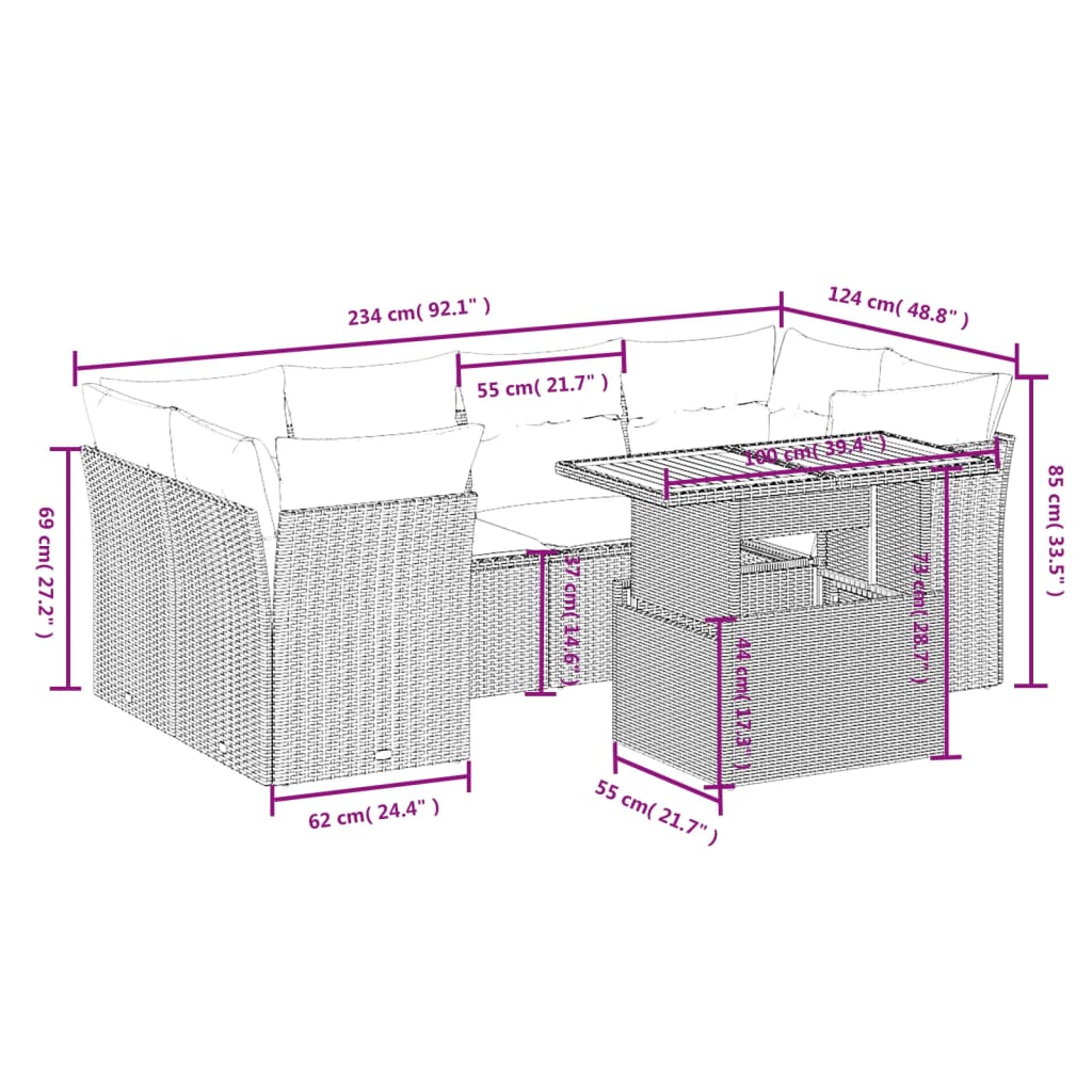 7 Pcs conjunto de sofás p/ jardim c/ almofadões vime PE preto