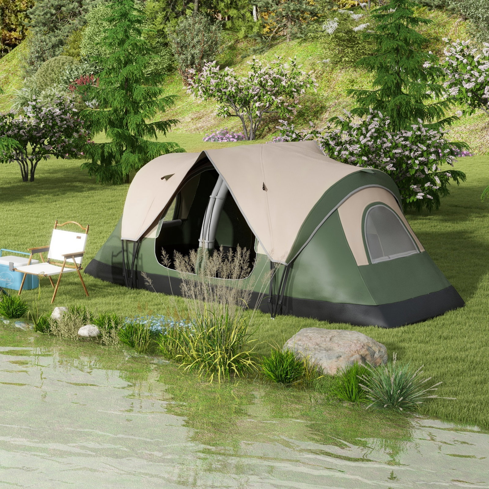 Tenda de campismo familiar para 5-6 pessoas dobrável com 2 quartos e bolsa de transporte 450x215x180 cm verde e marrom