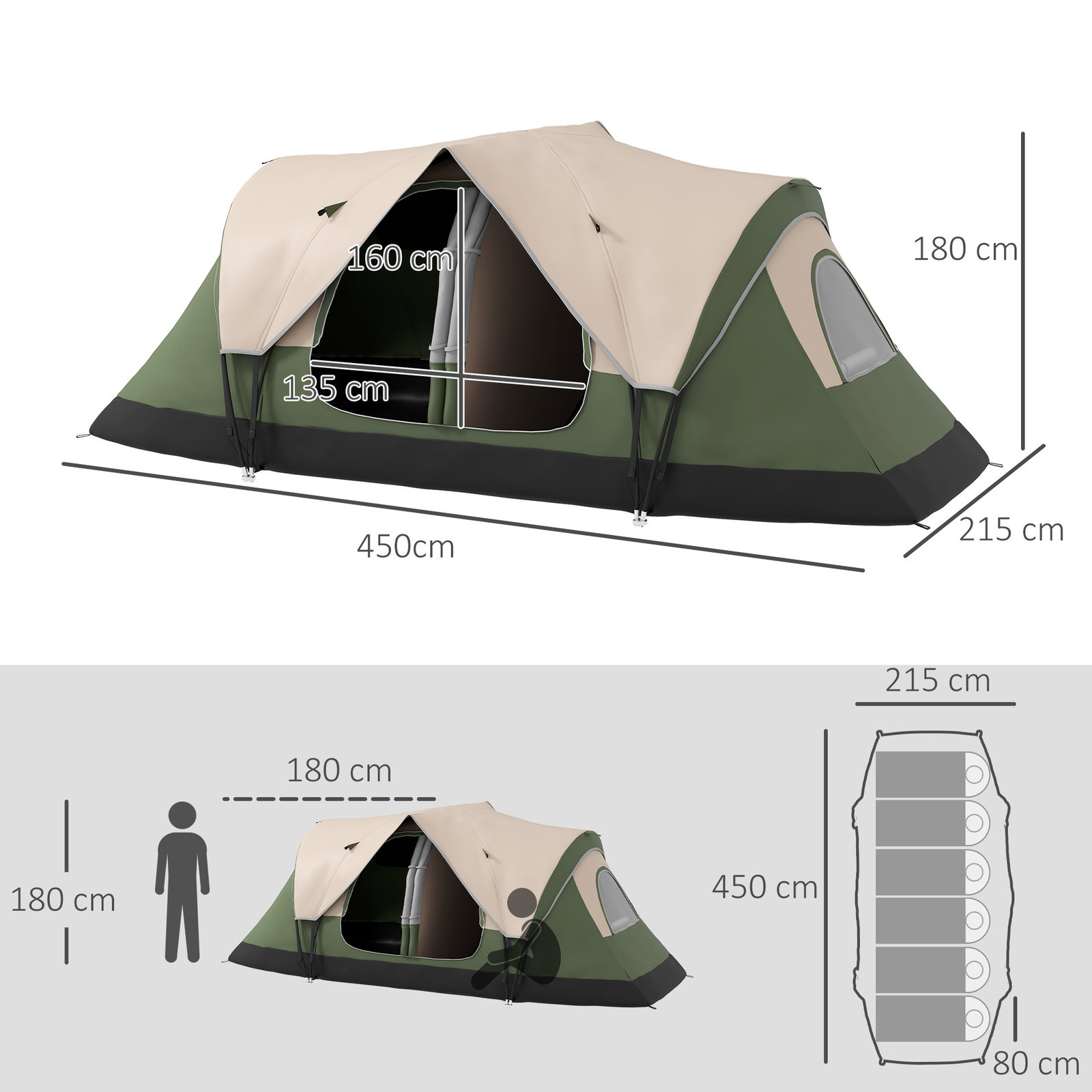 Tenda de campismo familiar para 5-6 pessoas dobrável com 2 quartos e bolsa de transporte 450x215x180 cm verde e marrom