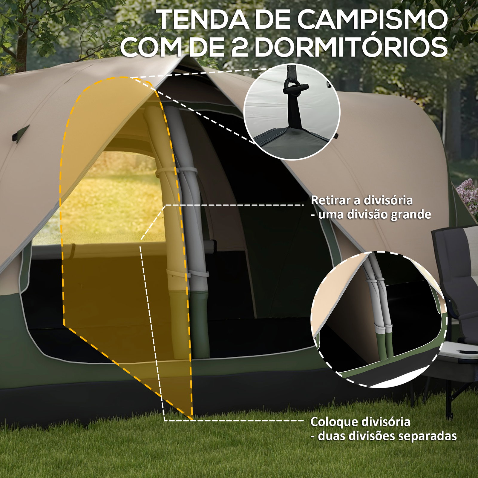 Tenda de campismo familiar para 5-6 pessoas dobrável com 2 quartos e bolsa de transporte 450x215x180 cm verde e marrom