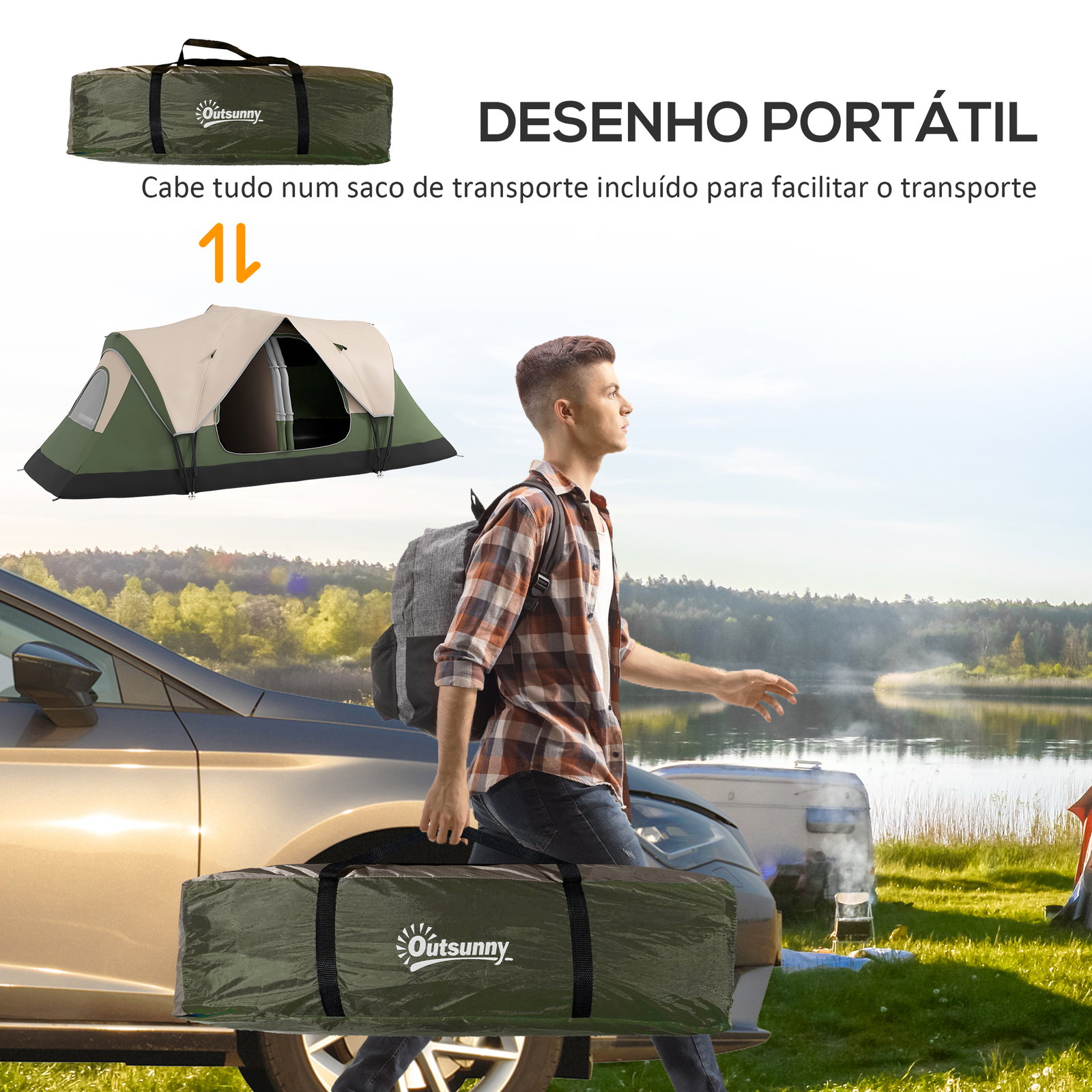 Tenda de campismo familiar para 5-6 pessoas dobrável com 2 quartos e bolsa de transporte 450x215x180 cm verde e marrom