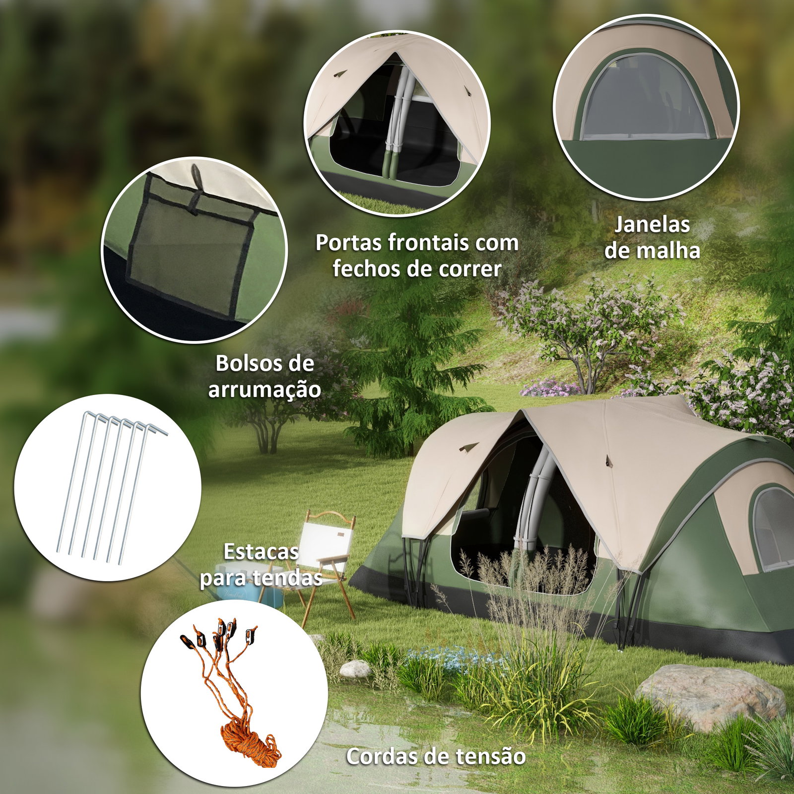 Tenda de campismo familiar para 5-6 pessoas dobrável com 2 quartos e bolsa de transporte 450x215x180 cm verde e marrom