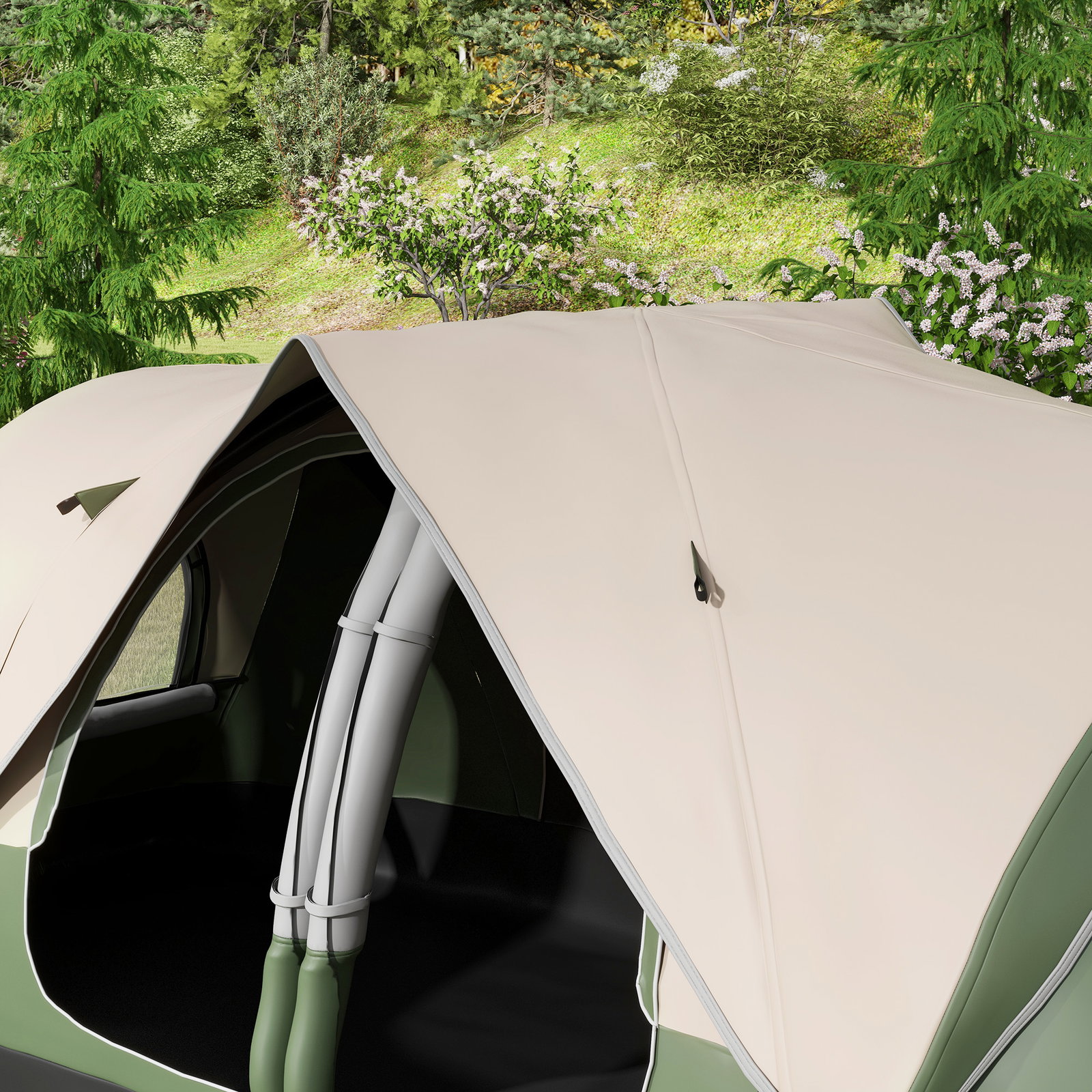 Tenda de campismo familiar para 5-6 pessoas dobrável com 2 quartos e bolsa de transporte 450x215x180 cm verde e marrom