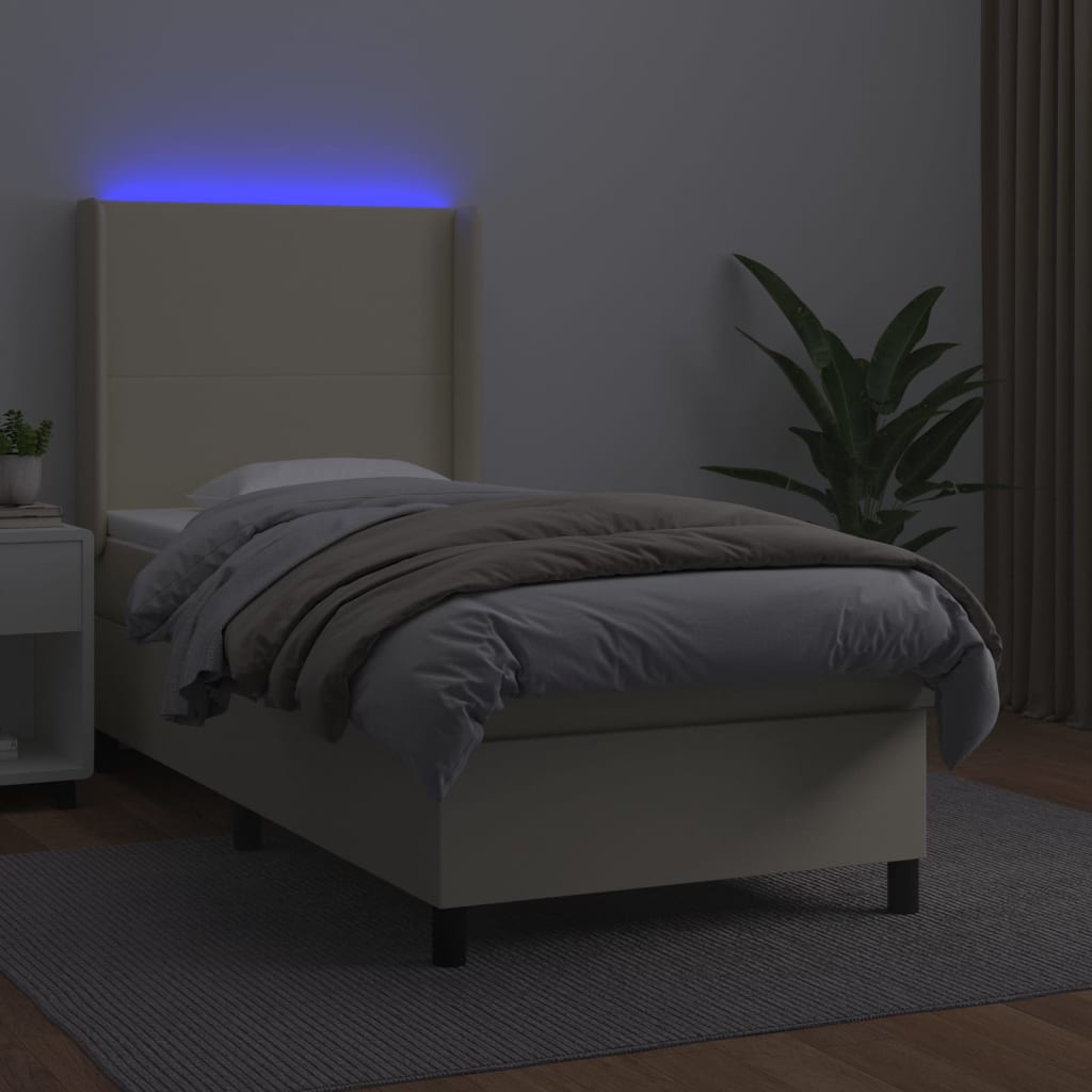 Cama box spring c/ colchão/LED 80x200 cm couro artificial creme
