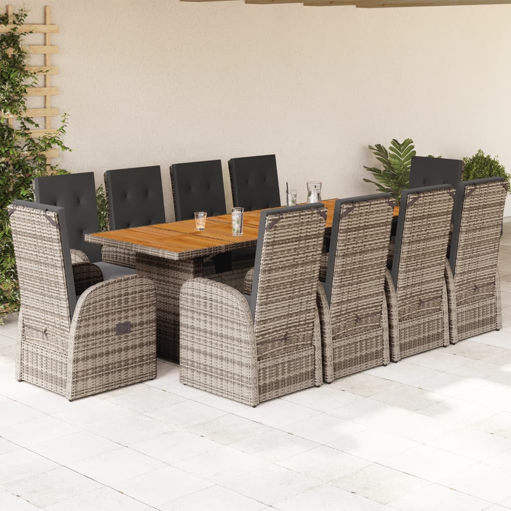 11 Pcs conjunto jantar p/ jardim c/ almofadões vime PE cinzento
