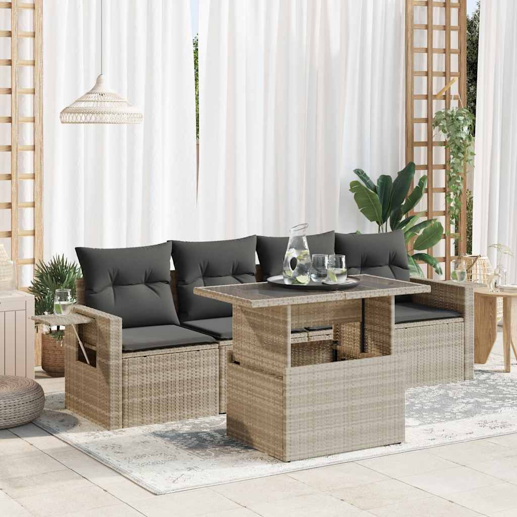 5 Pcs conj. sofás jardim c/ almofadões vime PE cinzento-claro