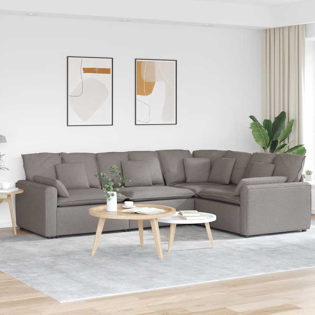 Sofá modular com almofadas tecido castanho-acinzentado