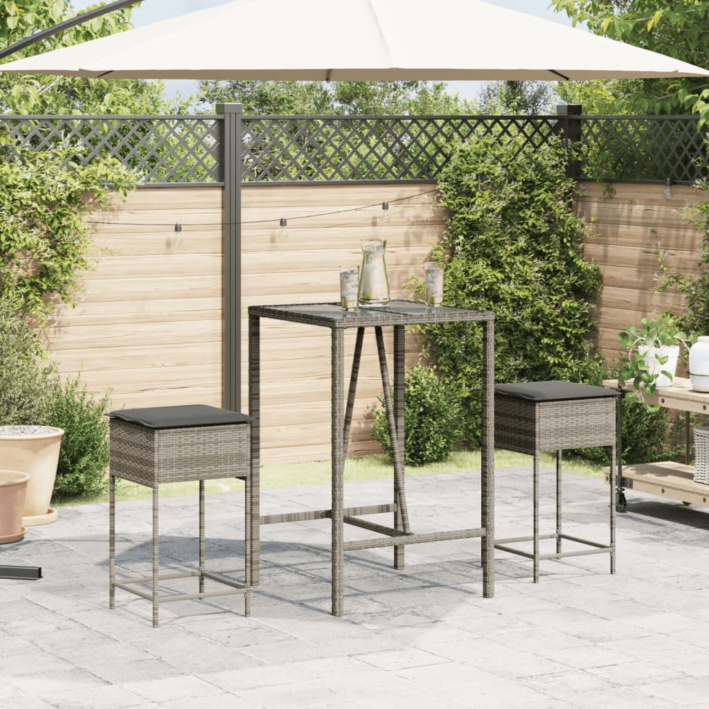 Bancos de bar p/ jardim com almofadões 2 pcs vime PE cinzento