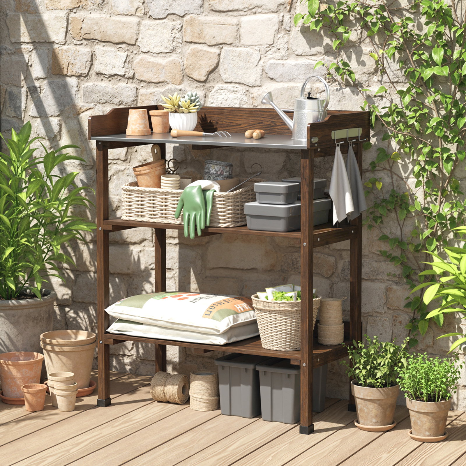 Mesa de jardinagem de madeira com superfície metálica prateleiras e ganchos para jardim e terraço 76x37x89 cm carbonizado