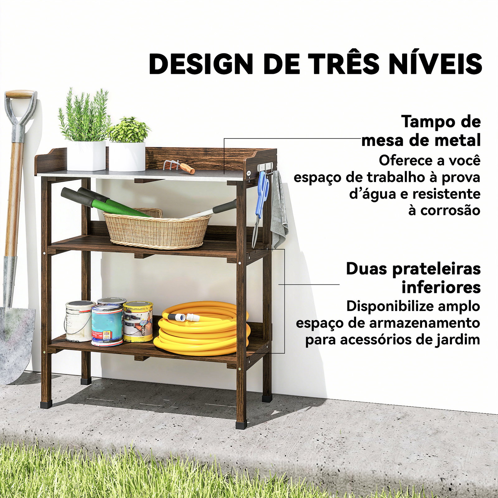 Mesa de jardinagem de madeira com superfície metálica prateleiras e ganchos para jardim e terraço 76x37x89 cm carbonizado