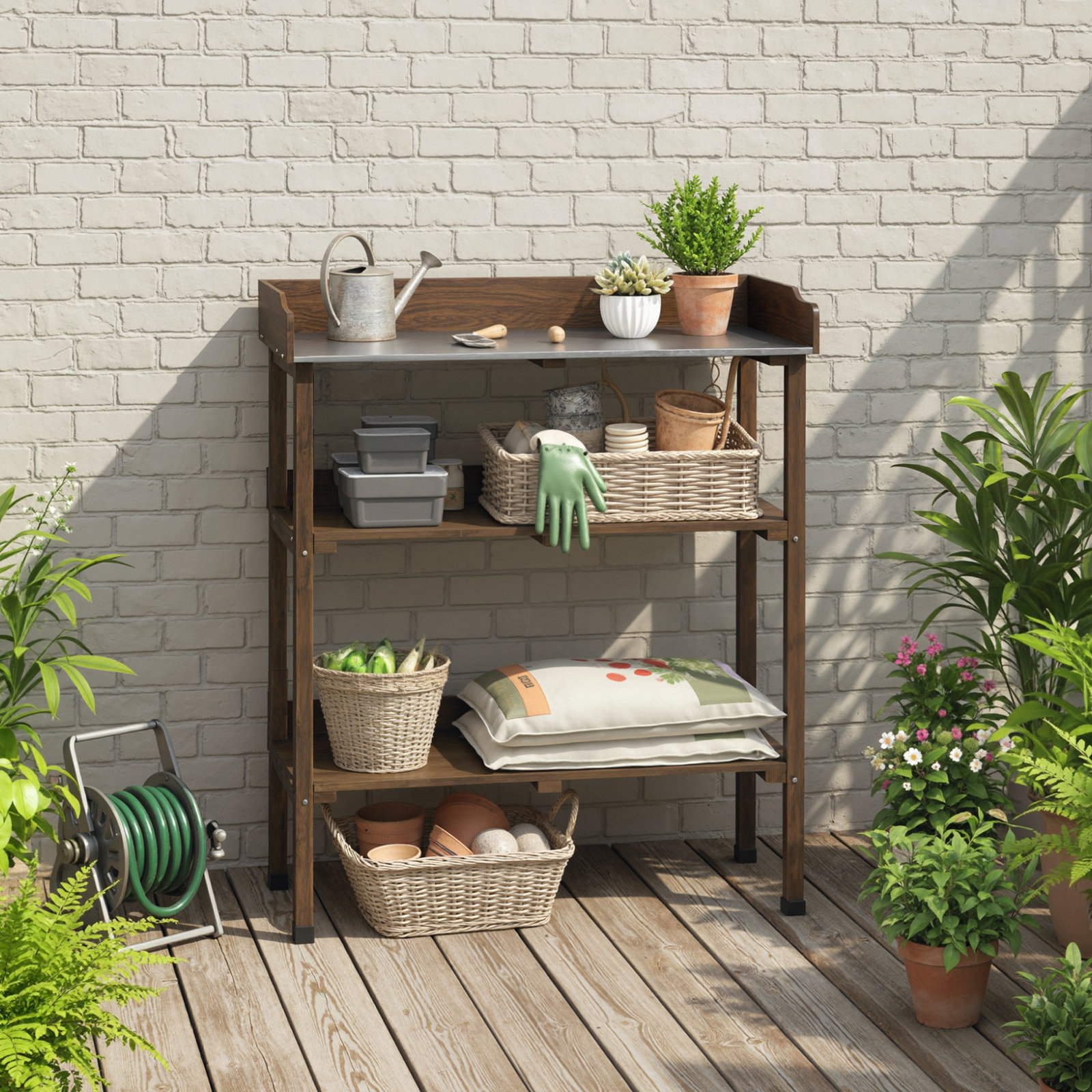 Mesa de jardinagem de madeira com superfície metálica prateleiras e ganchos para jardim e terraço 76x37x89 cm carbonizado