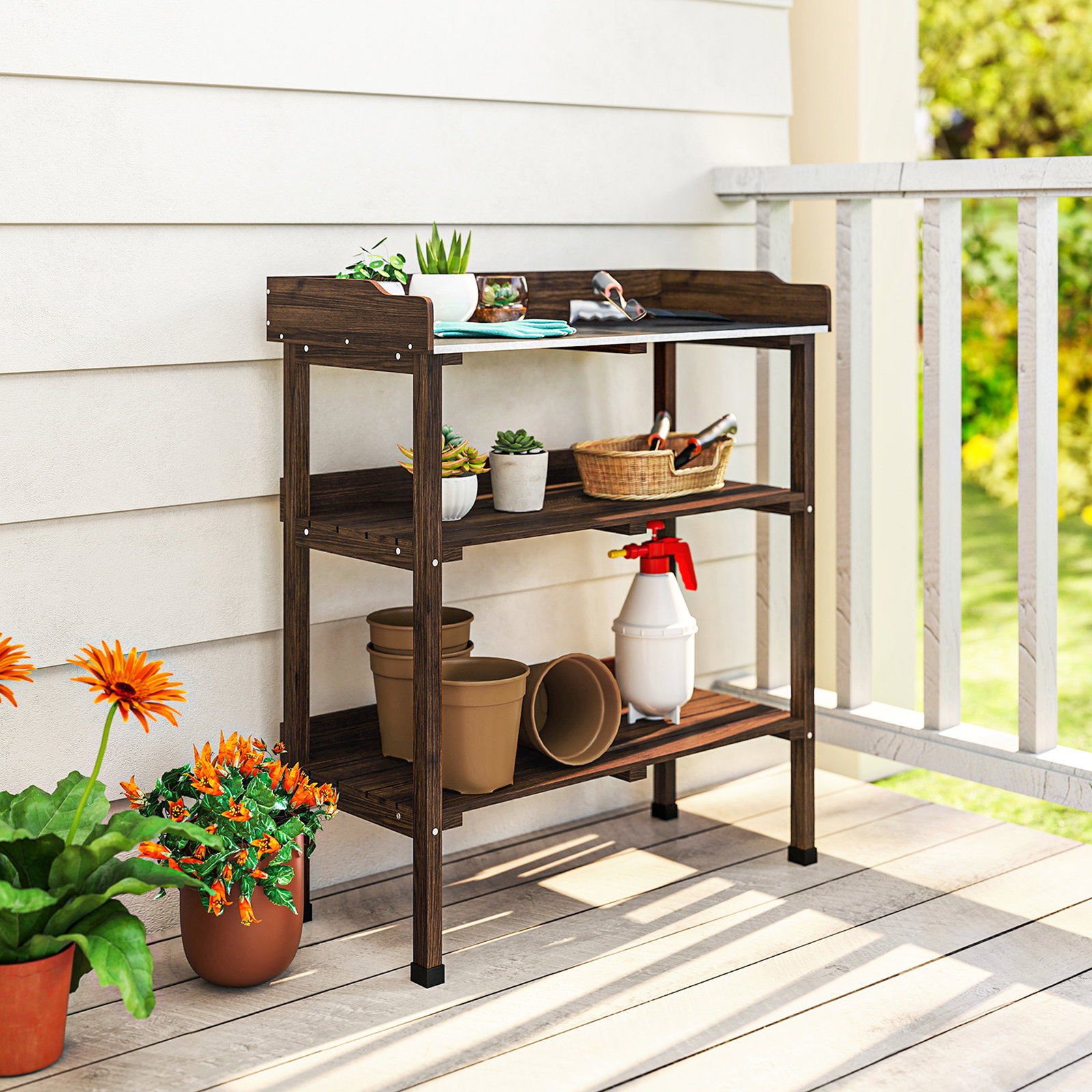 Mesa de jardinagem de madeira com superfície metálica prateleiras e ganchos para jardim e terraço 76x37x89 cm carbonizado