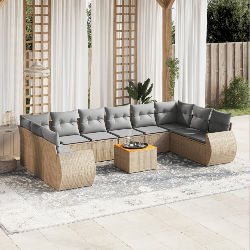 11 Pcs conjunto sofás de jardim c/ almofadões vime PE bege