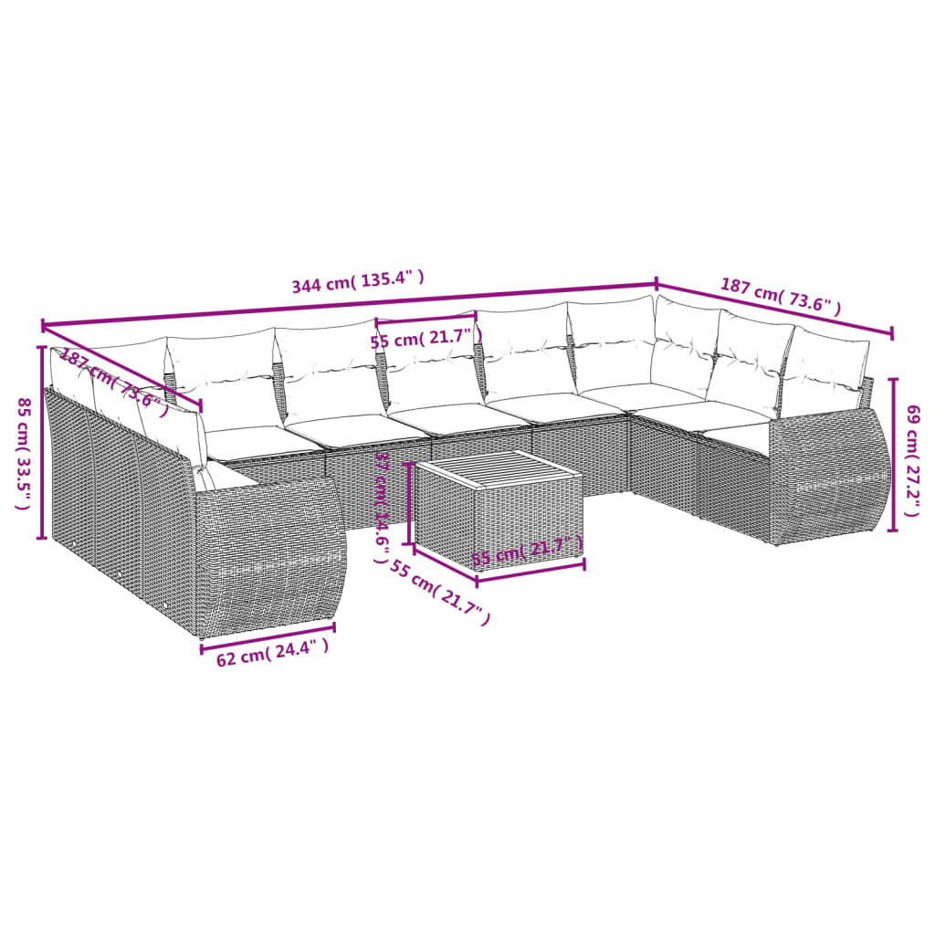 11 Pcs conjunto sofás de jardim c/ almofadões vime PE bege