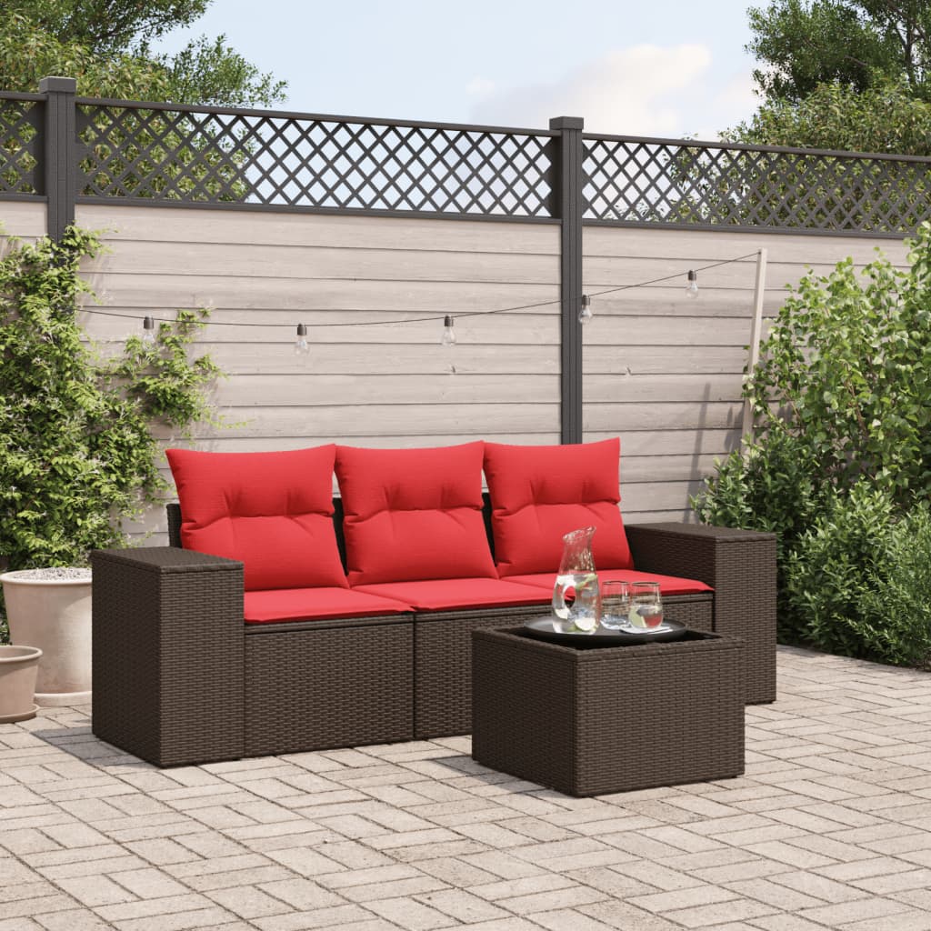 Conjunto de sofá de jardim com 4 peças e almofadas em rattan sintético marrom