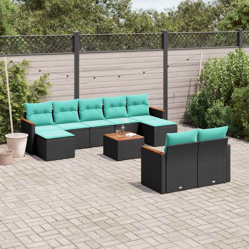 Conjunto de sofá de jardim com 10 peças e almofadas em rattan sintético preto