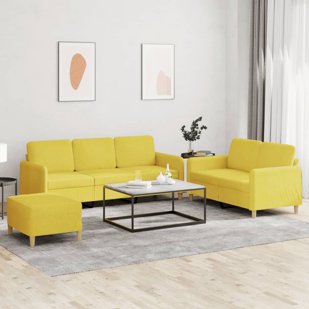 3 Pcs conjunto de sofás com almofadões tecido amarelo-claro