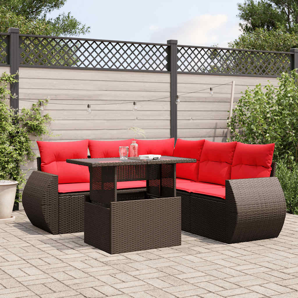 Conjunto de sofá de jardim com 6 peças e almofadas em rattan sintético marrom