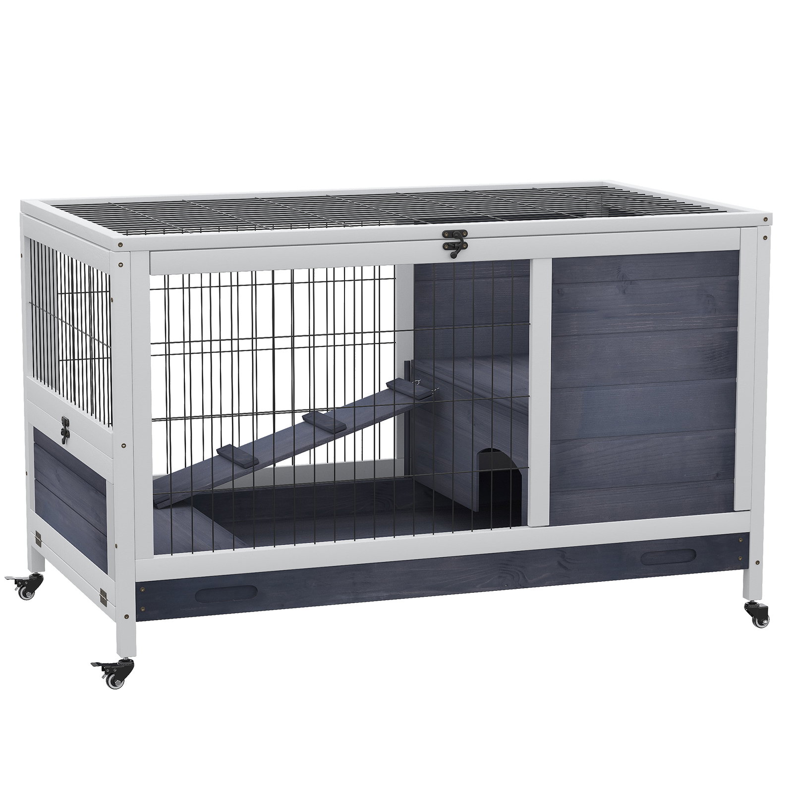 Coelheira de madeira gaiola para pequenos animais de estimação portátil com telhado de abertura rampa de bandeja removível para cobaias 90x53x59 cm cinza e branco