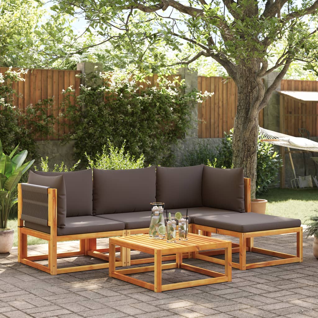 Conjunto de sofás de jardim de 5 peças com almofadas de madeira de acácia e corda