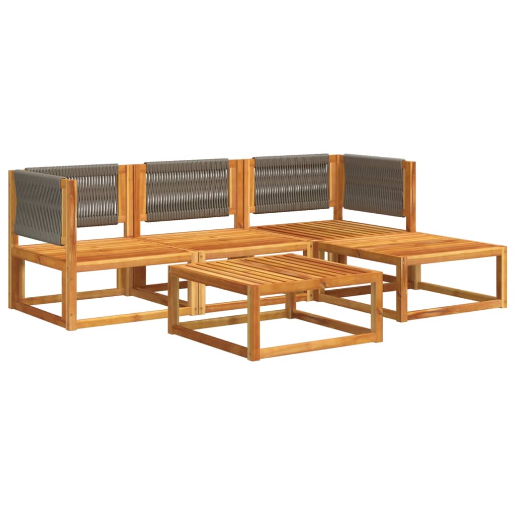Conjunto de sofás de jardim de 5 peças com almofadas de madeira de acácia e corda