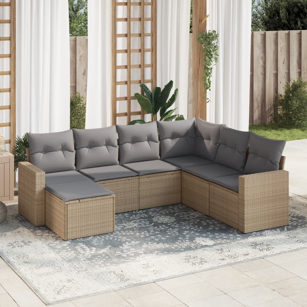 7 Pcs conjunto de sofás p/ jardim com almofadões vime PE bege