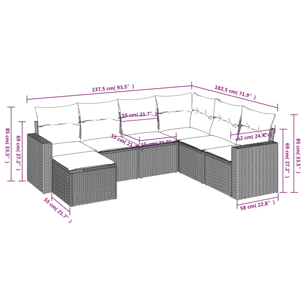 7 Pcs conjunto de sofás p/ jardim com almofadões vime PE bege