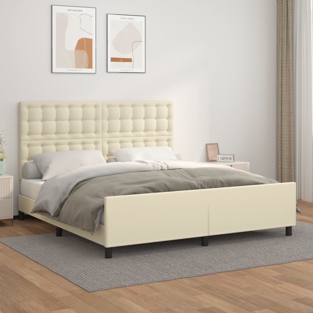Estrutura de cama c/ cabeceira couro artificial 160x200cm creme