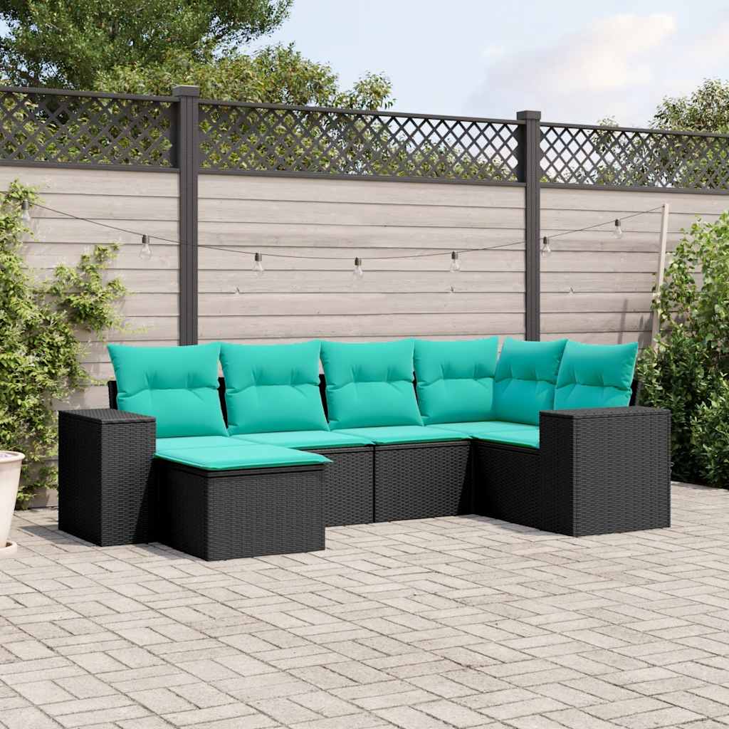 Conjunto de sofá de jardim com 6 peças e almofadas em rattan sintético preto