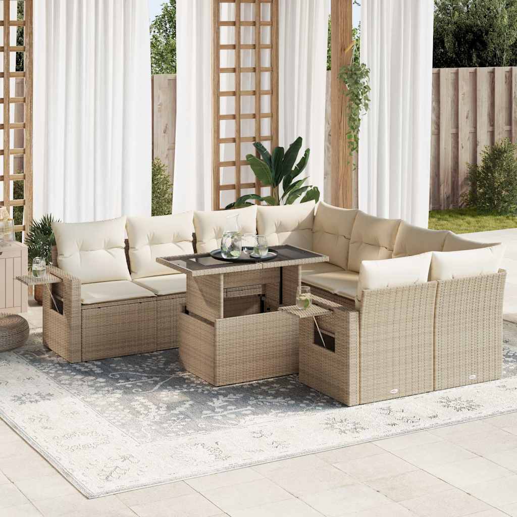 9 Pcs conjunto de sofás p/ jardim com almofadões vime PE bege