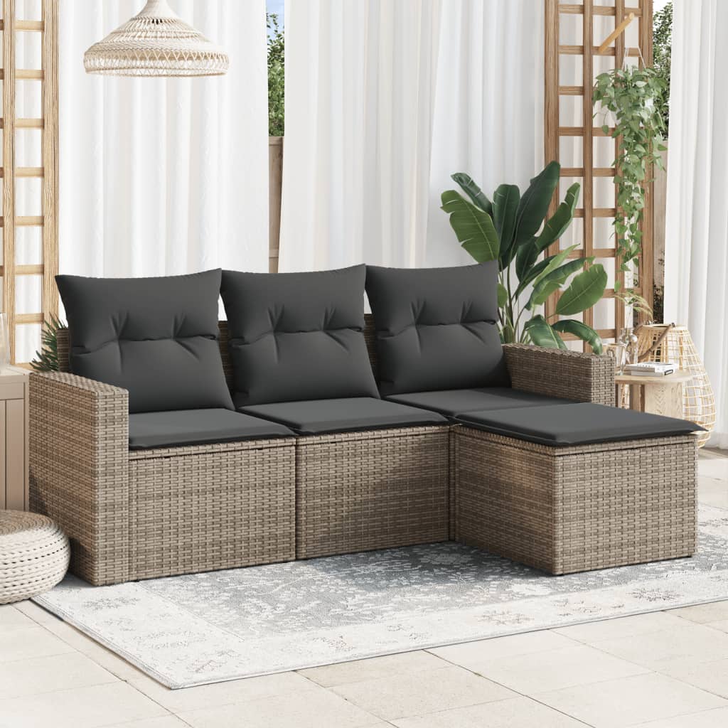4 Pcs conjunto sofás de jardim c/ almofadões vime PE cinzento