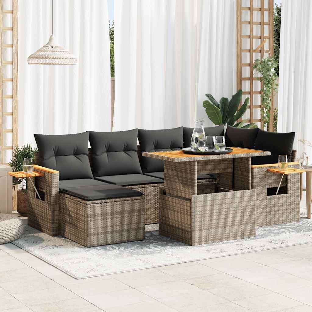 7 Pcs conjunto sofás jardim almofadões vime PE/acácia cinzento