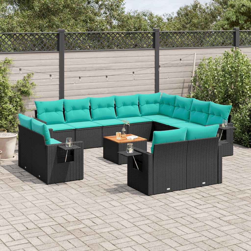 Conjunto de sofá de jardim com 13 peças e almofadas em rattan sintético preto