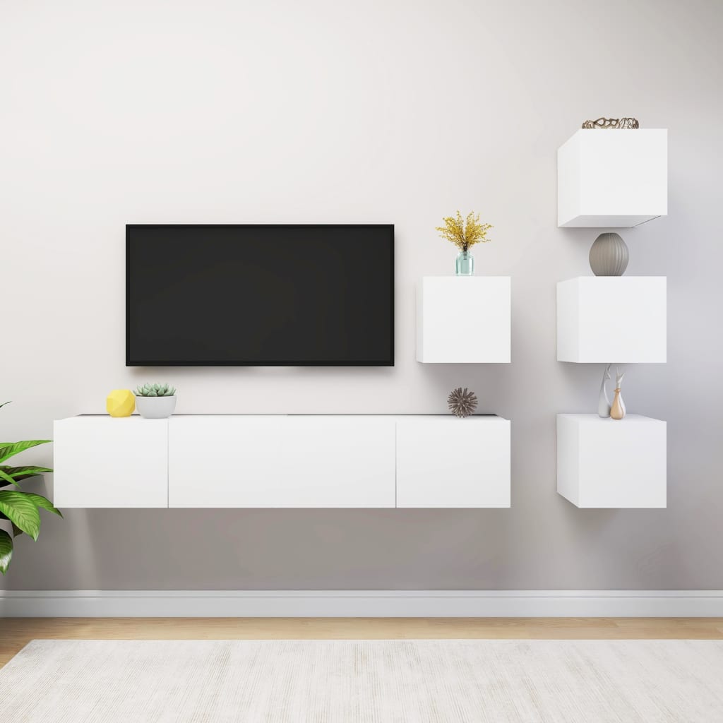 6 Pcs conjunto de móveis de TV contraplacado branco