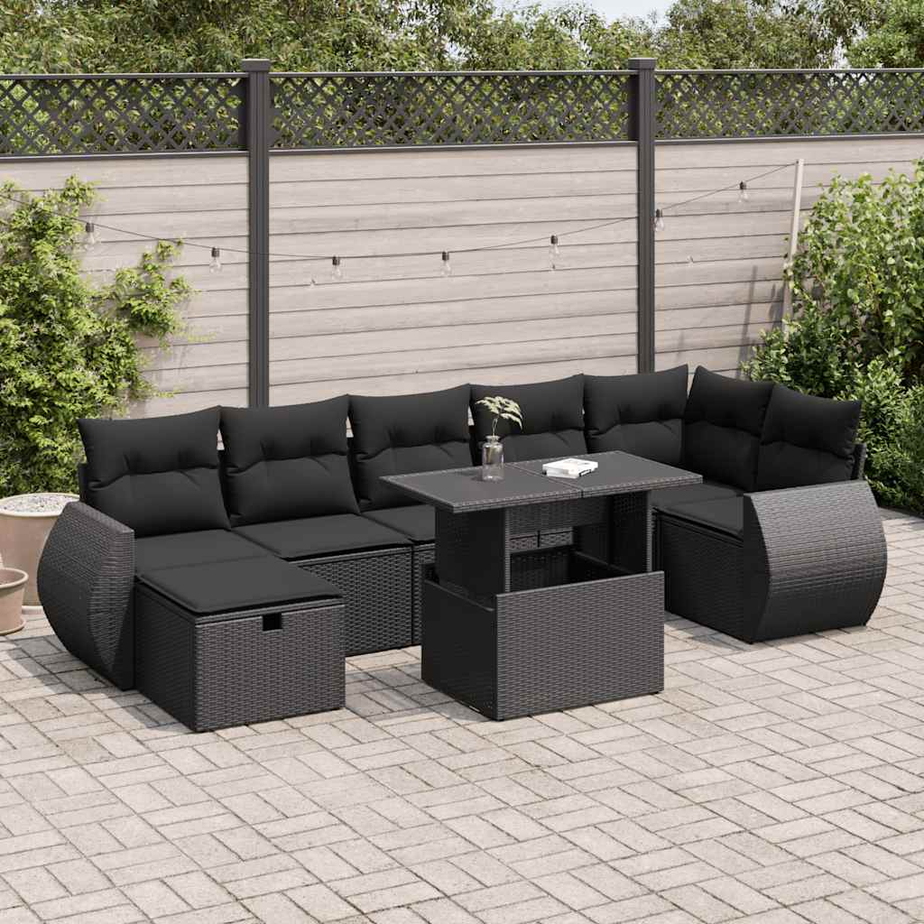 8 Pcs conjunto sofás de jardim com almofadões vime PE preto
